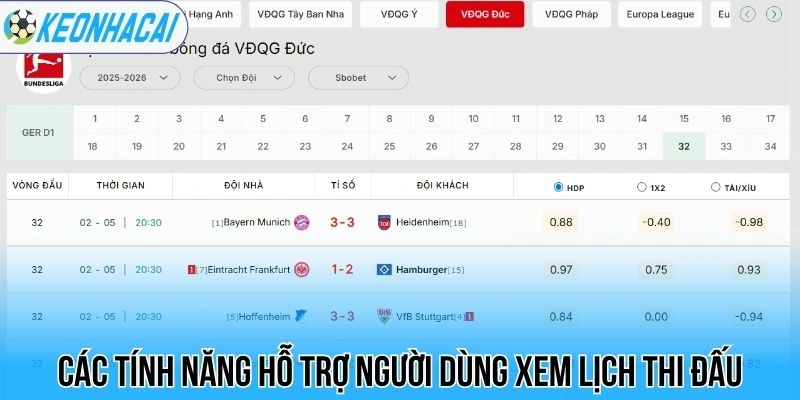 Các tính năng hỗ trợ người dùng xem lịch thi đấu